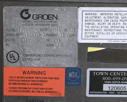 WARRANTY GROEN BPM-303 ECLIPSE 30GALLON BRAISING PAN SKILLET 3PHASE480VOLTELECTR