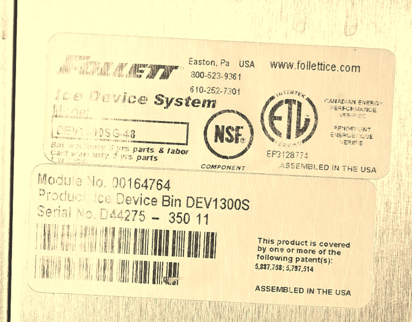 WARRANTY FOLLETT DEV1300SG-48-LP CUBE CHEWBLET 1320LBS ICE BIN PADDLE RAKE SCOOP