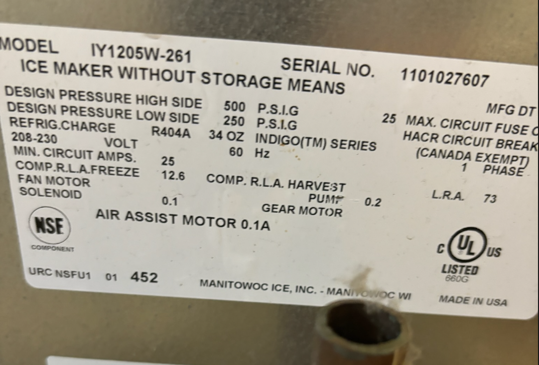 WARRANTY MANITOWOC® IY1205W-261 INDIGO WATERCOOL 560lbs HALFDICECUBE ICE MACHINE