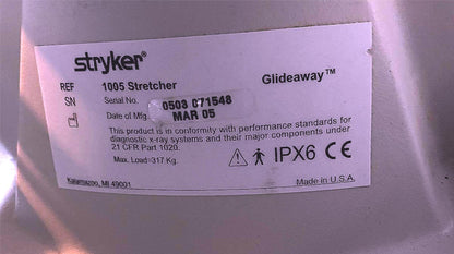STRYKER 1005 GLIDEAWAY HOSPITAL EMERGENCY TRANSPORT GURNEY STRETCHER - FREE SHIP
