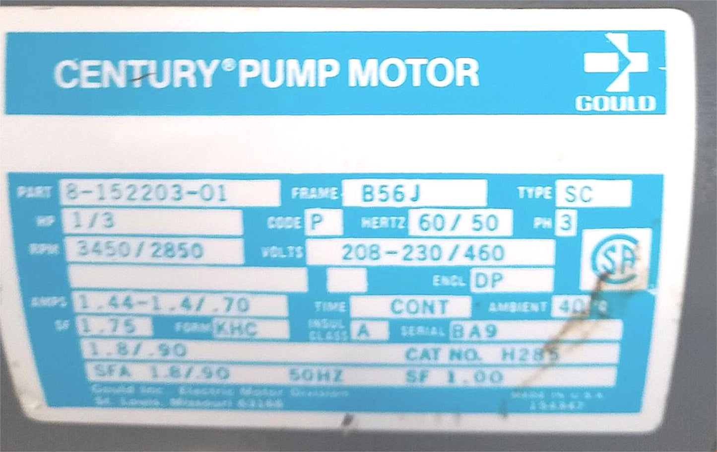 GOULD CENTURY 3PHASE 815220301 208-230/460 VOLT 3450/2850 RPM AC MOTOR FREE SHIP