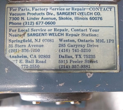 WARRANTY WELCH BELT DRIVEN DUOSEAL MODEL 1402 VACCUM PUMP 1x10⁻⁴ torr WATCHVIDEO