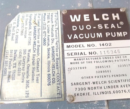WARRANTY WELCH BELT DRIVEN DUOSEAL MODEL 1402 VACCUM PUMP 1x10⁻⁴ torr WATCHVIDEO