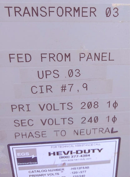 SOLA HEVI-DUTY 1Phase HS12F5AS 5KVA 120/208/240/277-120/240 TRANSFORMER FREESHIP