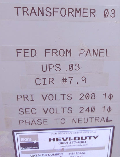 SOLA HEVI-DUTY 1Phase HS12F5AS 5KVA 120/208/240/277-120/240 TRANSFORMER FREESHIP
