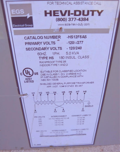 SOLA HEVI-DUTY 1Phase HS12F5AS 5KVA 120/208/240/277-120/240 TRANSFORMER FREESHIP