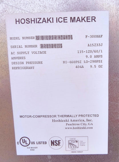 HOSHIZAKI F-300BAF 300lbs/Day AIR COOLED FLAKE ICE MAKER & STORAGE BIN FREE SHIP