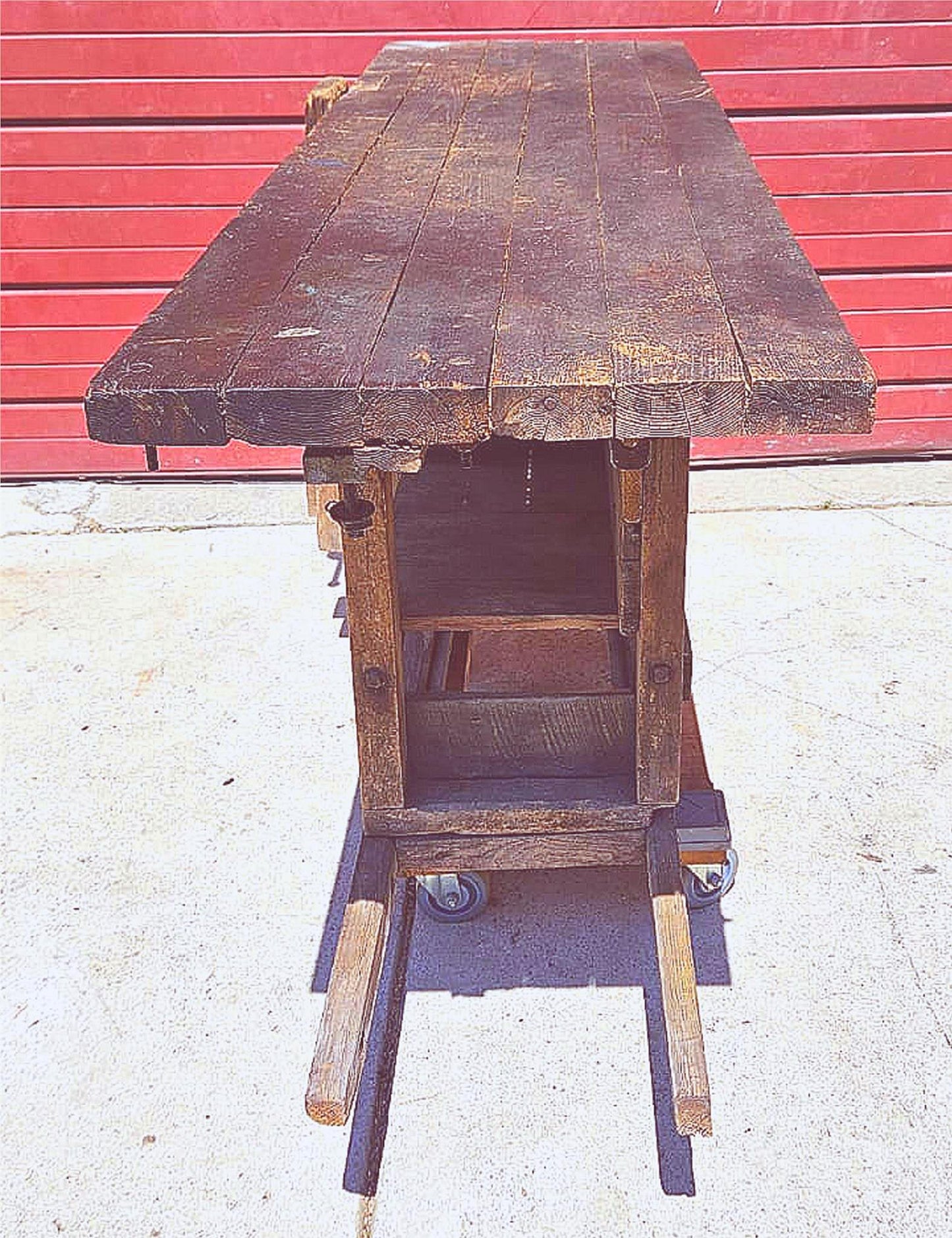 VINTAGE RUSTIC PINE CARPENTER WORKBENCH w IRON VICE CLAMP & STORAGE TRUNK TOOLS