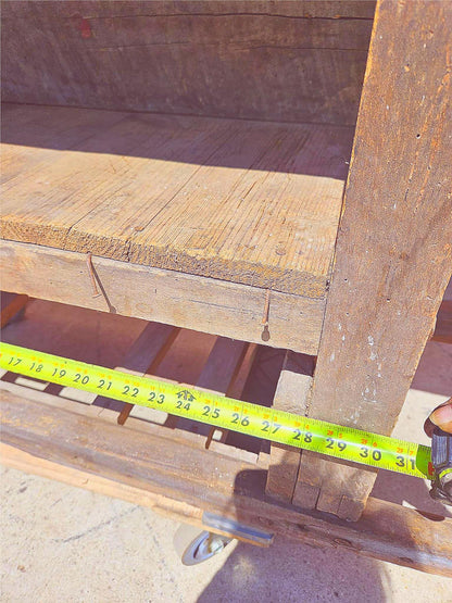 VINTAGE RUSTIC PINE CARPENTER WORKBENCH w IRON VICE CLAMP & STORAGE TRUNK TOOLS