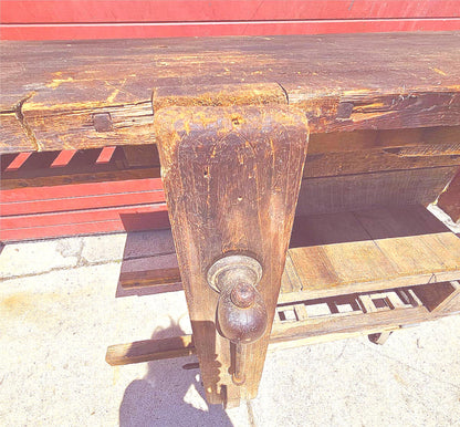 VINTAGE RUSTIC PINE CARPENTER WORKBENCH w IRON VICE CLAMP & STORAGE TRUNK TOOLS