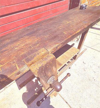 VINTAGE RUSTIC PINE CARPENTER WORKBENCH w IRON VICE CLAMP & STORAGE TRUNK TOOLS
