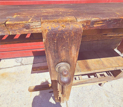 VINTAGE RUSTIC PINE CARPENTER WORKBENCH w IRON VICE CLAMP & STORAGE TRUNK TOOLS