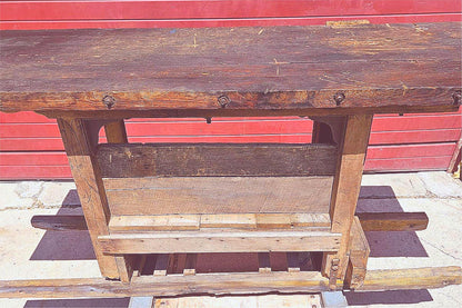 VINTAGE RUSTIC PINE CARPENTER WORKBENCH w IRON VICE CLAMP & STORAGE TRUNK TOOLS