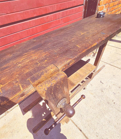 VINTAGE RUSTIC PINE CARPENTER WORKBENCH w IRON VICE CLAMP & STORAGE TRUNK TOOLS