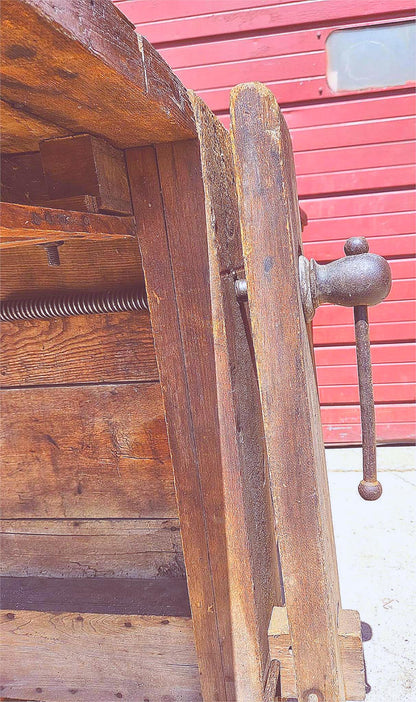 VINTAGE RUSTIC PINE CARPENTER WORKBENCH w IRON VICE CLAMP & STORAGE TRUNK TOOLS