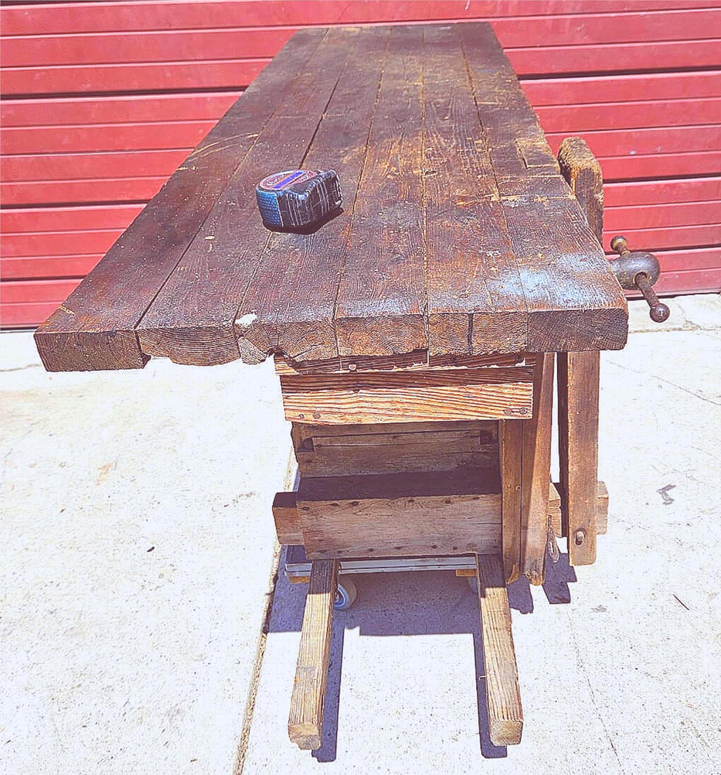 VINTAGE RUSTIC PINE CARPENTER WORKBENCH w IRON VICE CLAMP & STORAGE TRUNK TOOLS
