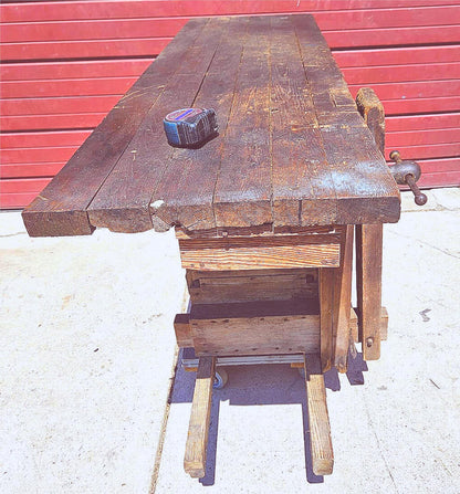 VINTAGE RUSTIC PINE CARPENTER WORKBENCH w IRON VICE CLAMP & STORAGE TRUNK TOOLS