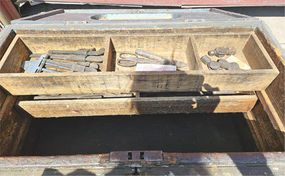 VINTAGE CARPENTER 35.5" Wide X  24" Deep WOOD STORAGE TRUNK with TOOLS FREE SHIP