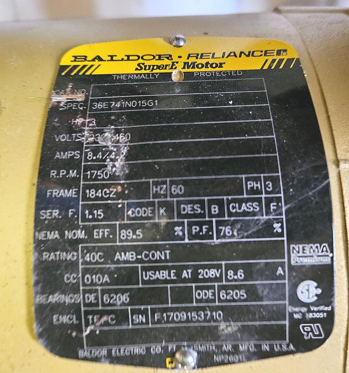 BALDOR RELIANCE 3 HORSE POWER 36E741N015G1 3PHASE MOTOR STERO WASHING FREE SHIP